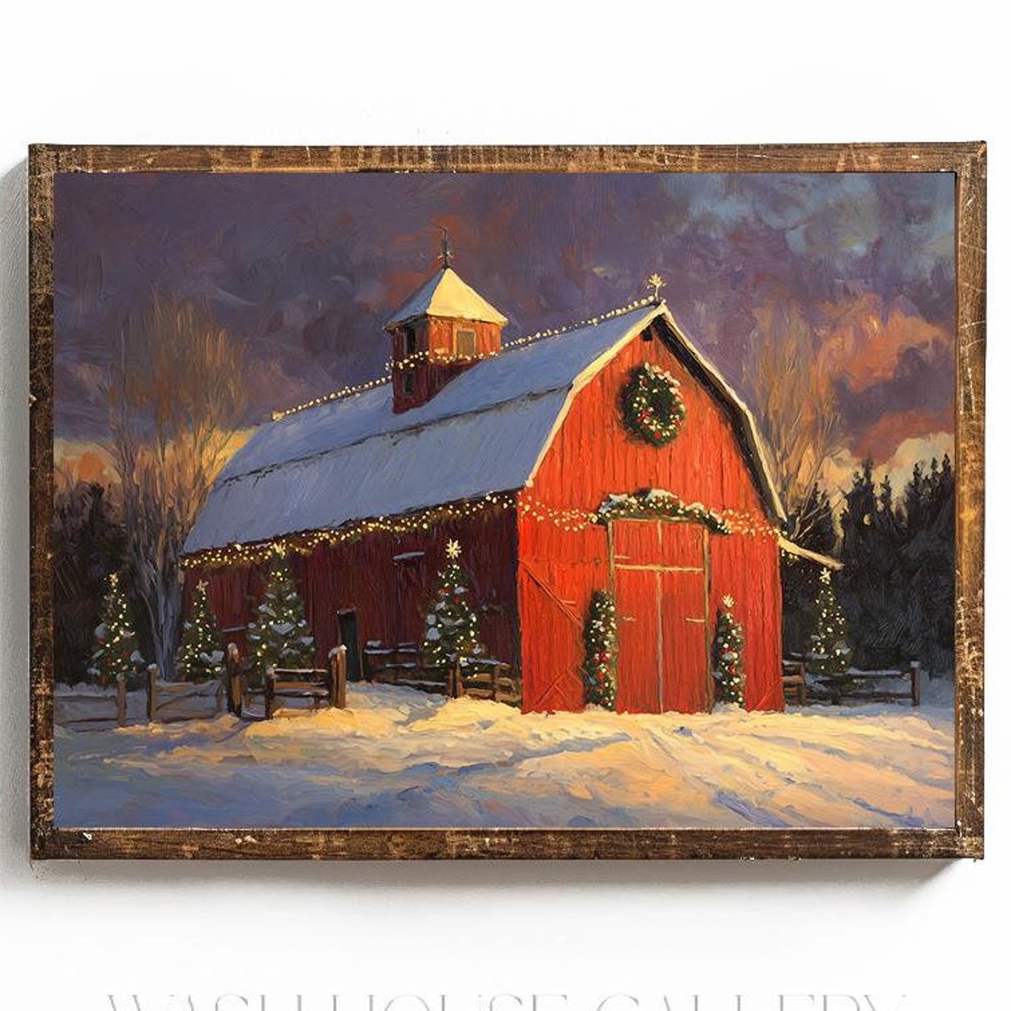 Red Barn in Snow with Christmas Lights Holiday Farm Scene Poster