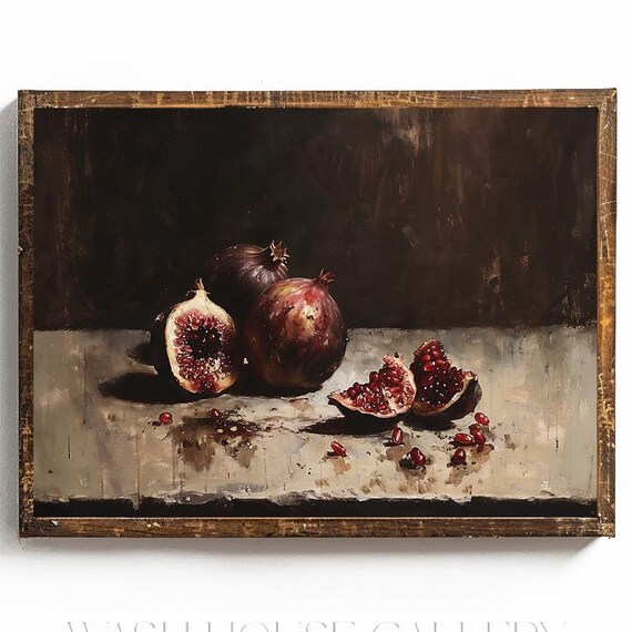 Dark Pomegranate Dark Academia Kitchen Wall Art Dark Cottagecore Wall Art Dark Fruit Still Life Art Instant Wall Art Plum