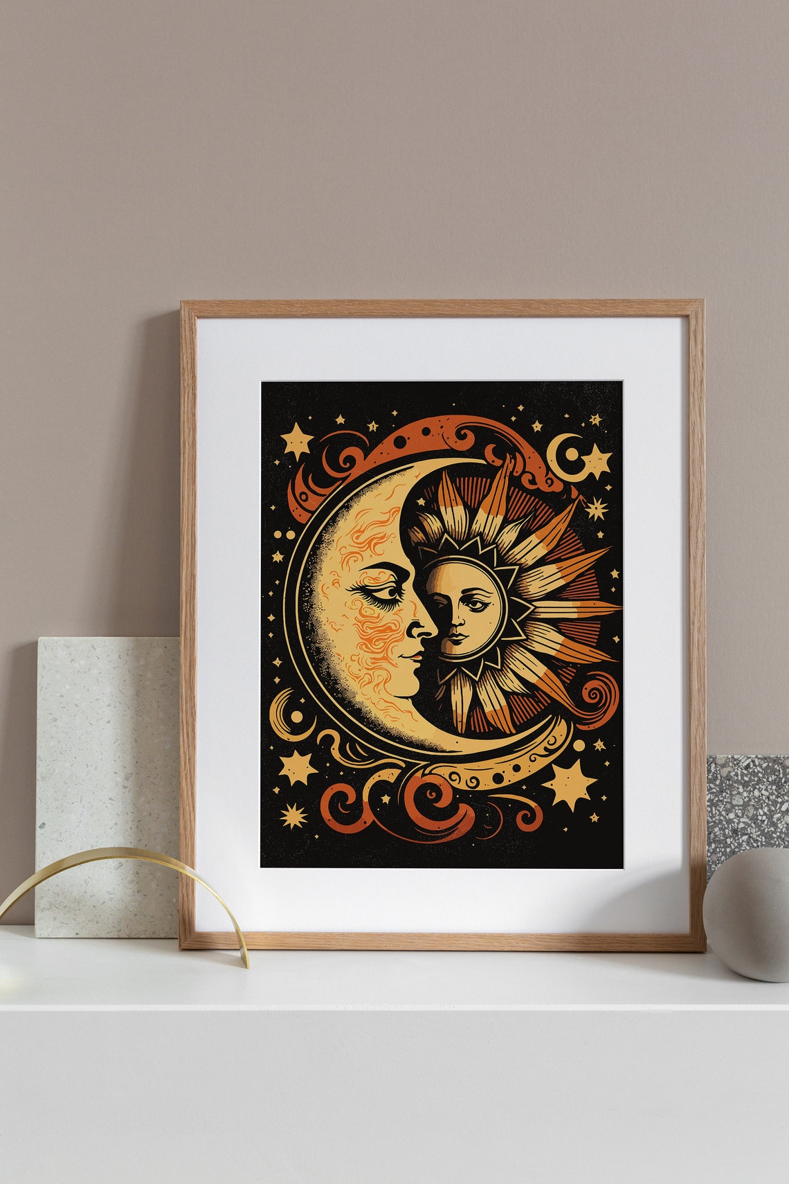 Celestial Sun And Moon Faces Embrace Vintage Astrology Wall Art - Image 3