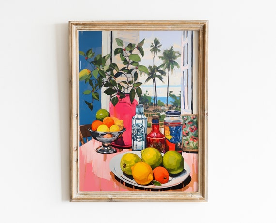 Still Life Painting 70s Poster Colorful Fruits Still Life Print Mid Century Modern Art Watercolor Painting Vintage Kitchen Poster