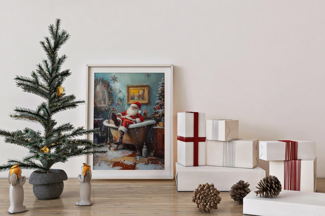Santa Relaxing Clawfoot Bathtub Victorian Bathroom Funny Poster - Image 3