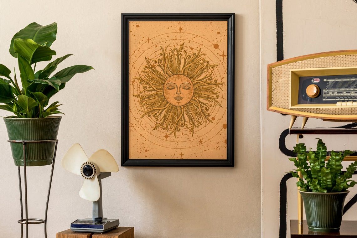 Vintage Celestial Sun Face Ornate Golden Rays Bohemian Wall Art - Image 2