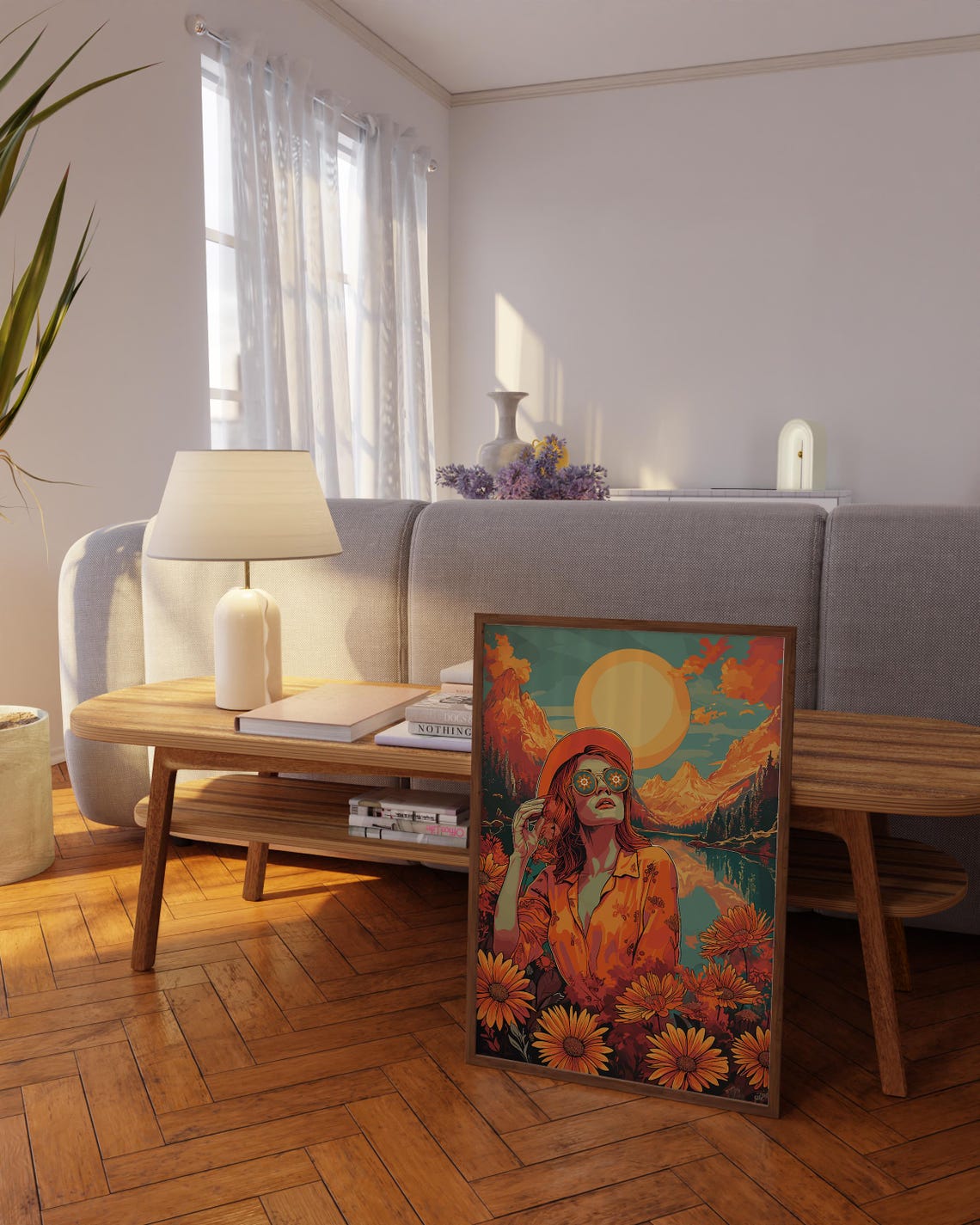 70s Woman Sun Hat Mountain Lake Sunset Retro Hippie Girl Wall Art - Image 4