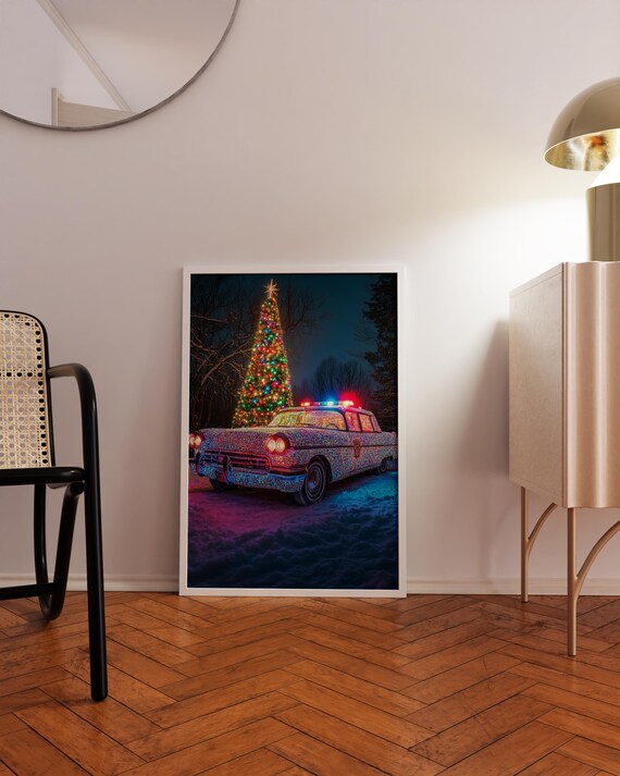 Vintage Christmas Police Car Lights Tree Snowy Night Wall Art