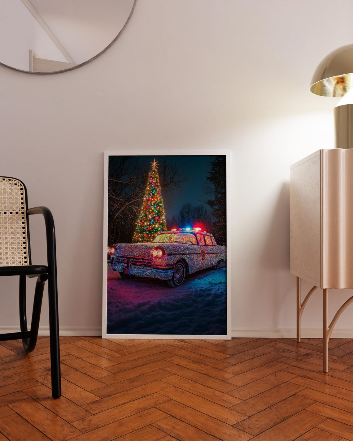 Vintage Christmas Police Car Lights Tree Snowy Night Wall Art