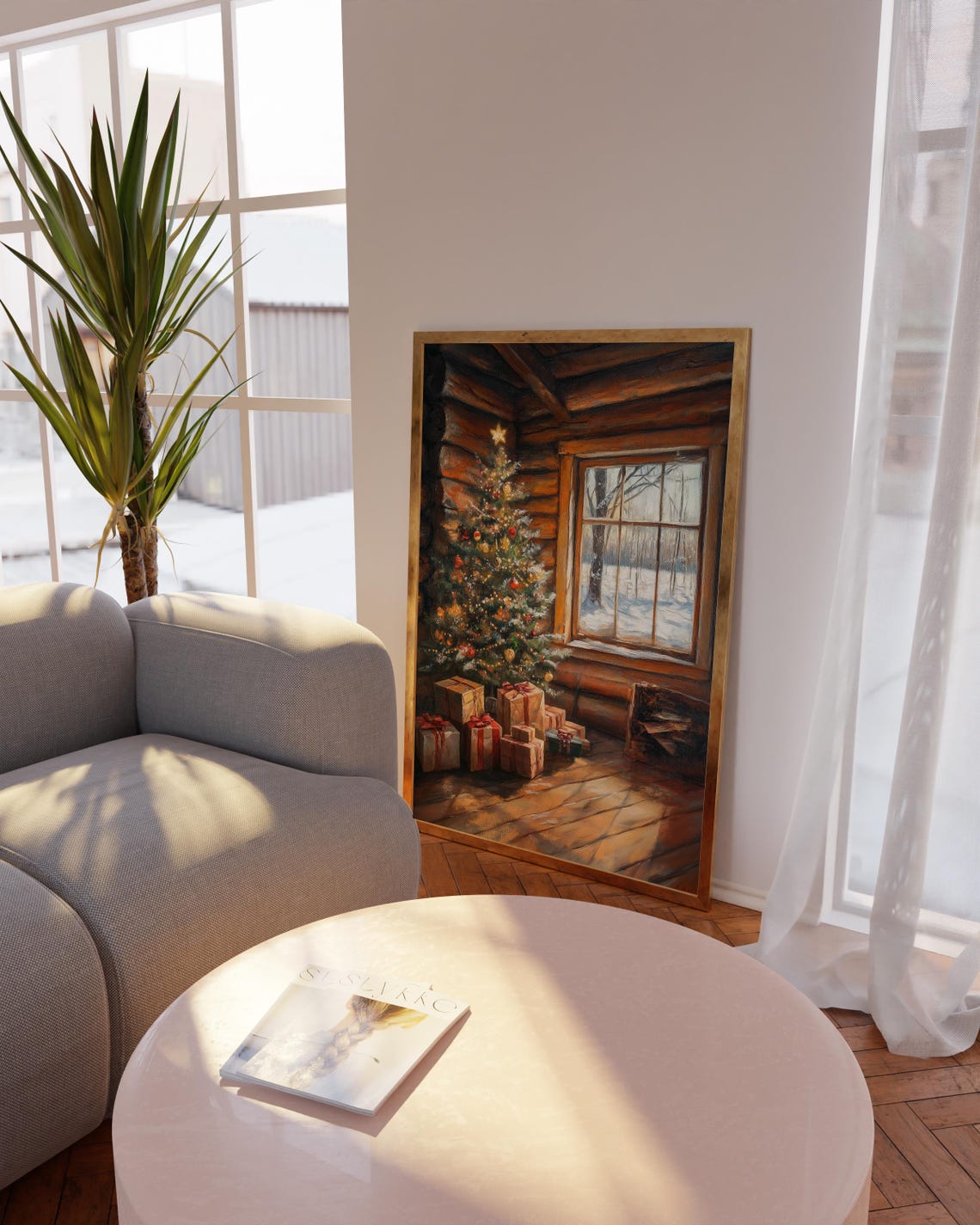 Cozy Christmas Cabin Interior Lit Tree Gifts Snowy Window Poster - Image 3