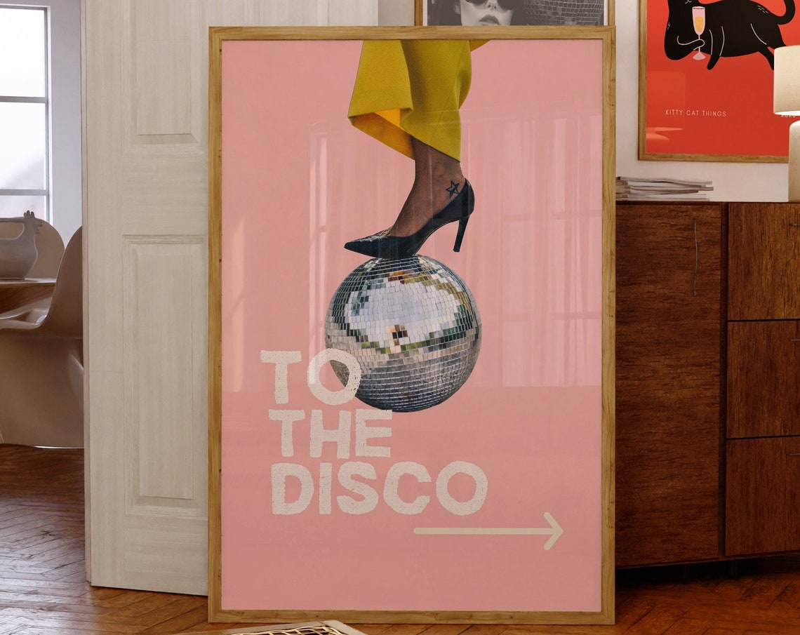 To The Disco Pink Retro High Heel Disco Ball Bar Cart Poster