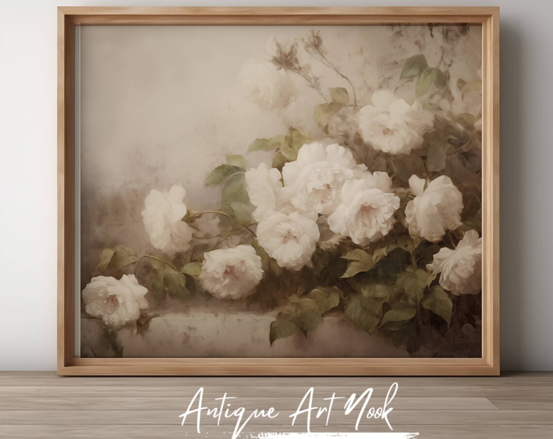 White Roses Elegance Vintage Antique Oil Painting