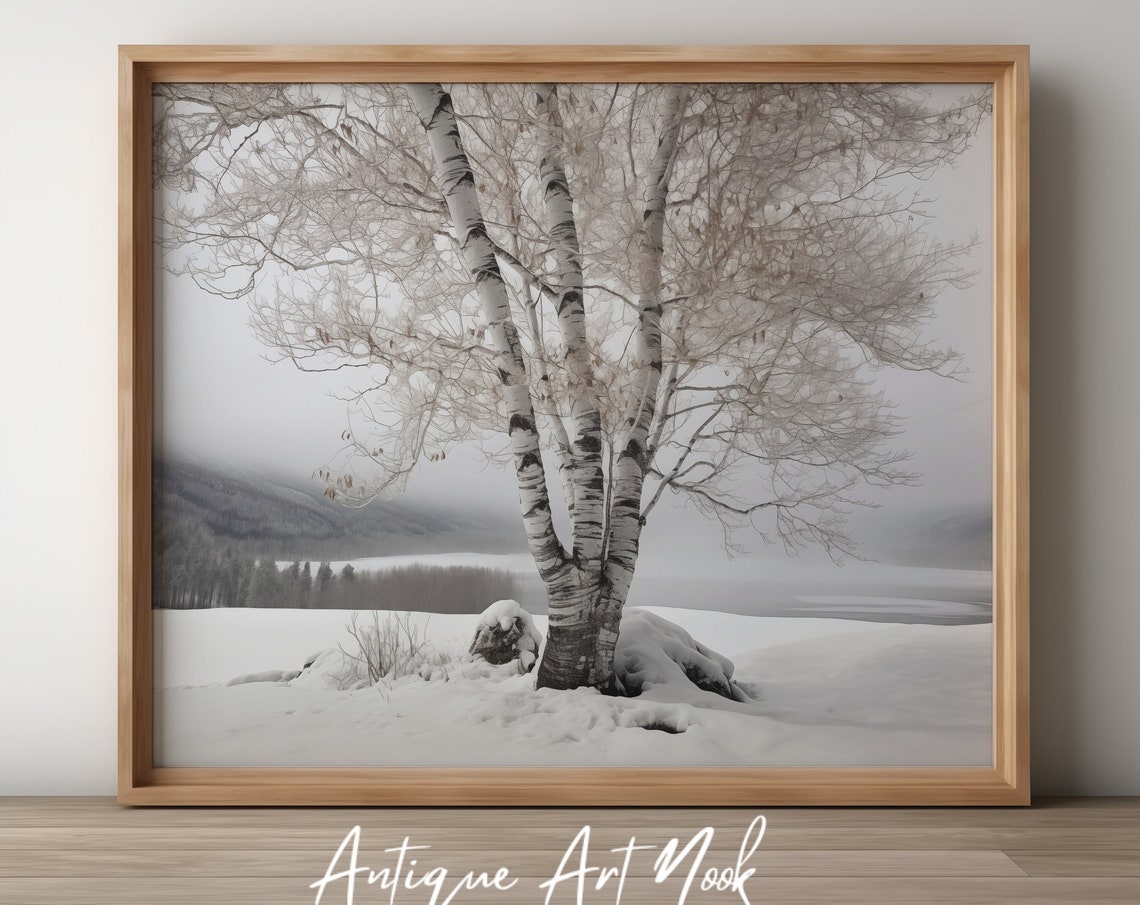 Birch Tree In Winter Landscape Print Landscape Wall Art Forest Painting White Birch Lone Tree Decor