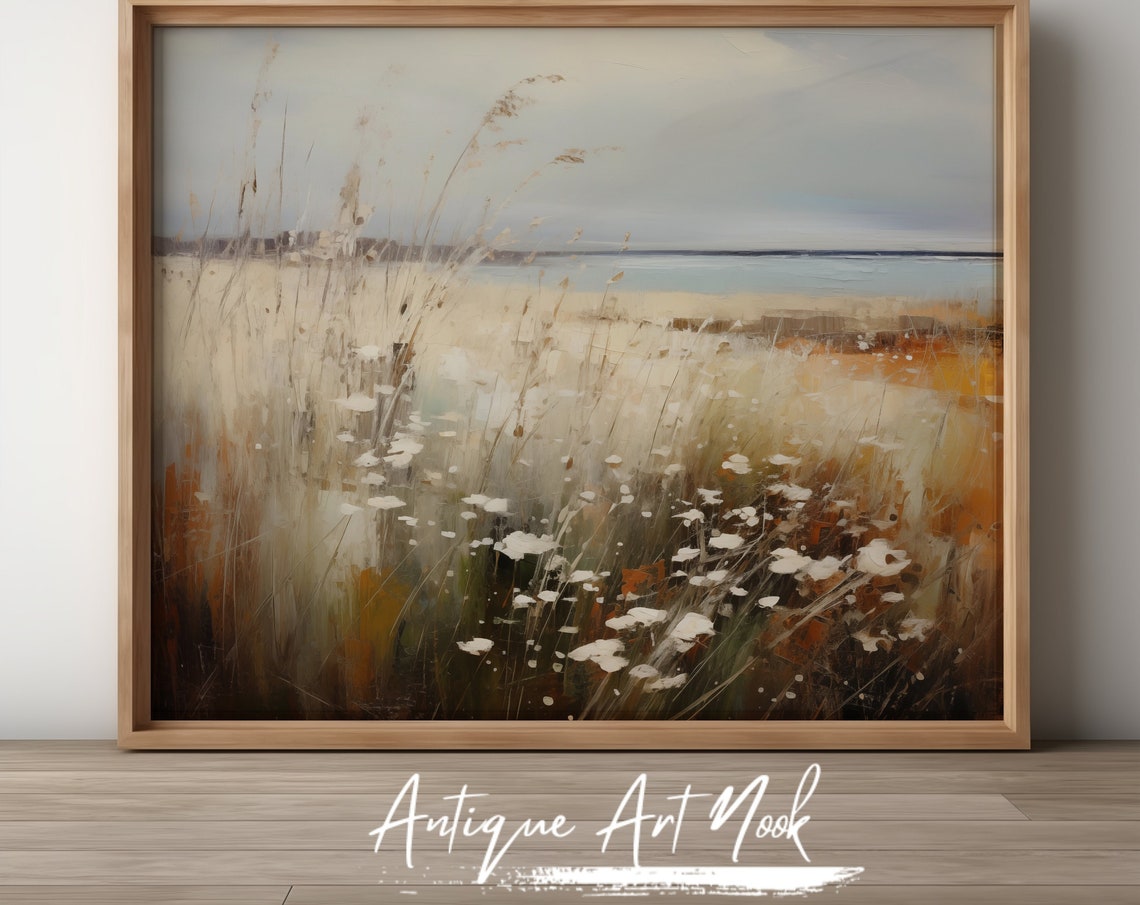 Field Of Flowers Print Vintage Landscape Antique Wall Art Flower Oil Painting Moody Vintage Style Decor