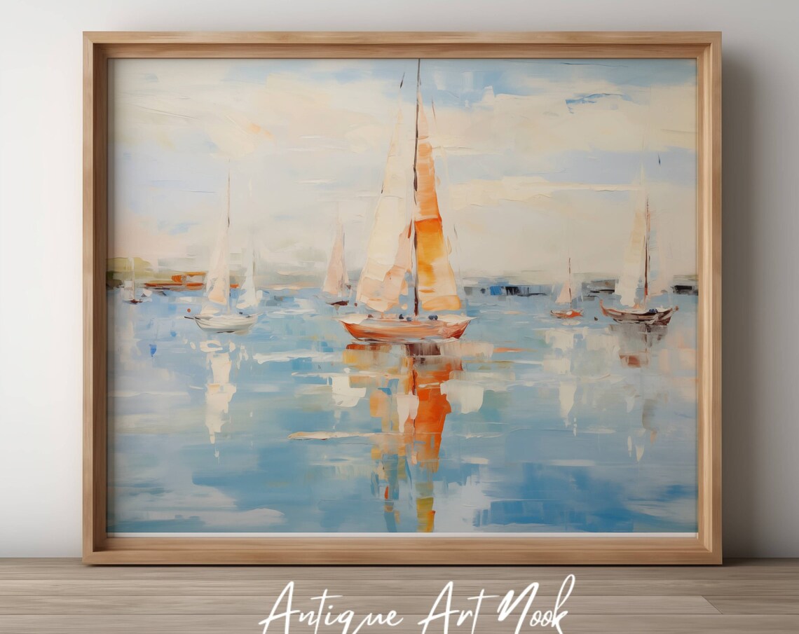 Sailing Boat Coastal Painting, Bright Seascape