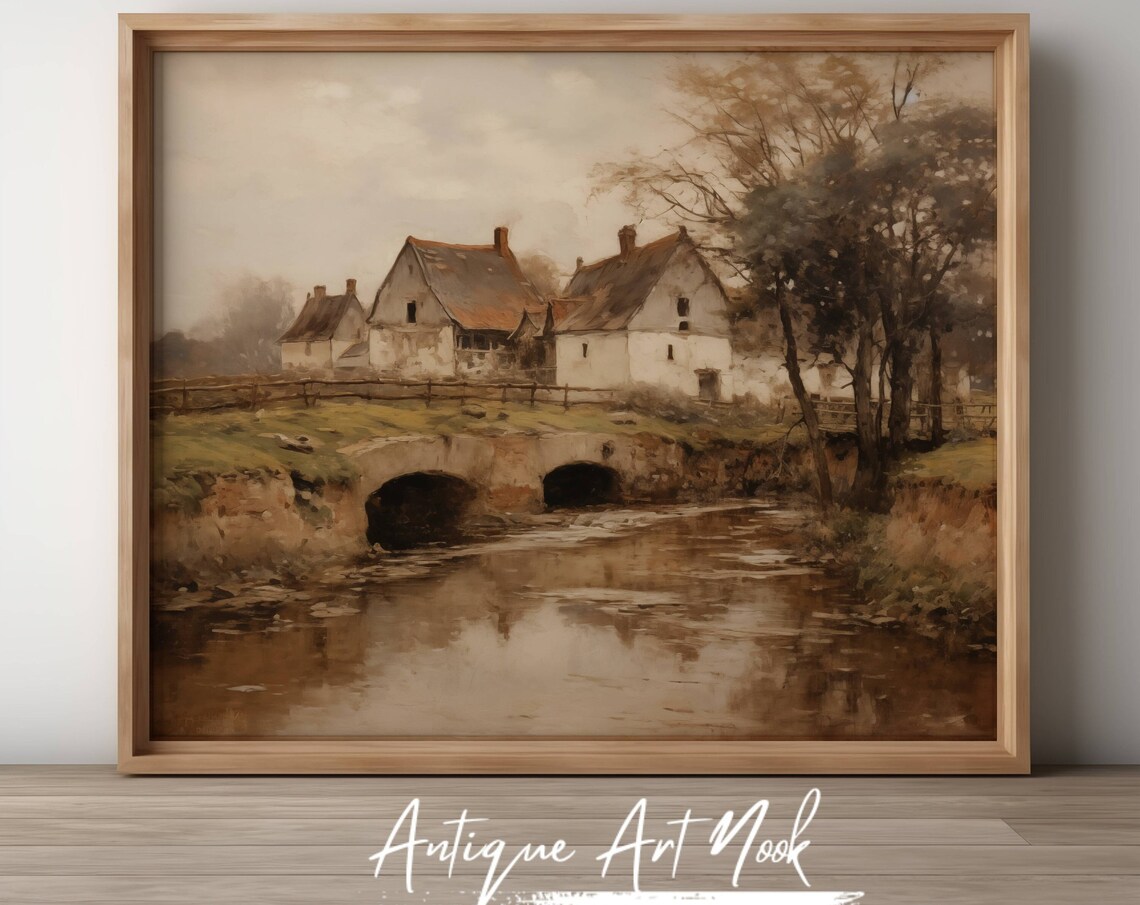 Countryside River Landscape, Vintage Style Decor