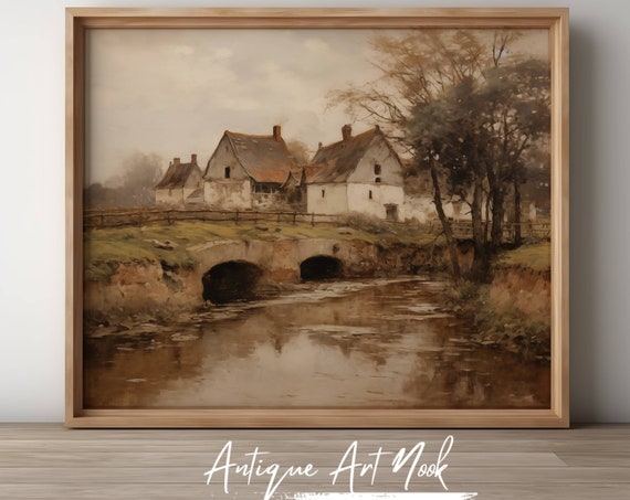 Countryside River Landscape, Vintage Style Decor