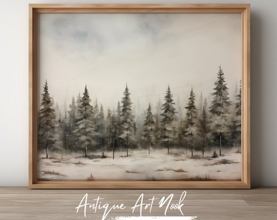 Snowy Pine Trees Landscape Print Vintage Landscape Antique Wall Art Forest Oil Painting Vintage Style Decor