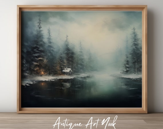 Snowy Landscape Print Vintage Landscape Antique Wall Art Pine Trees Forest Oil Painting Vintage Style Decor
