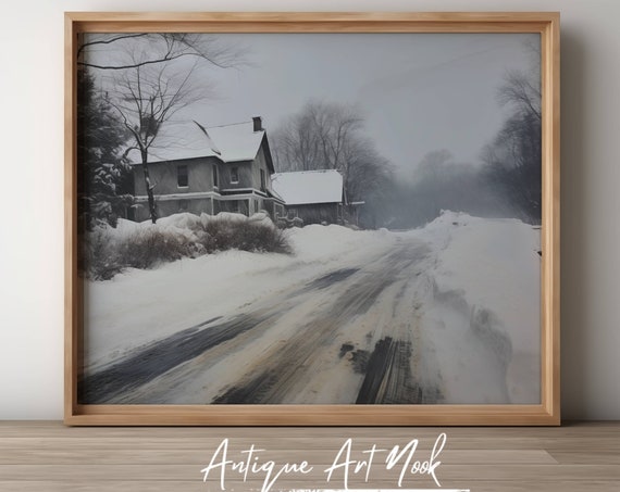 Moody Winter Home Canadian Print Landscape Antique Wall Art Snowy Laurentian Oil Painting Vintage Decor