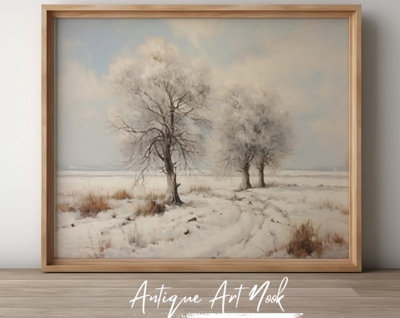Trees In Winter Print Vintage Landscape Antique Wall Art Barren Trees Oil Painting Vintage Style Decor