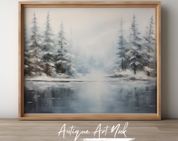 Snowy Landscape Print Vintage Landscape Antique Wall Art Pine Trees Forest Oil Painting Vintage Style Decor