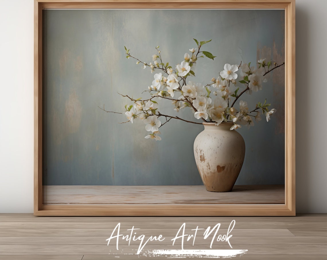 White Flowers In Vase Oil Painting Antique Flowers Print Vintage Still Life Painting Antique Wall Art Decor