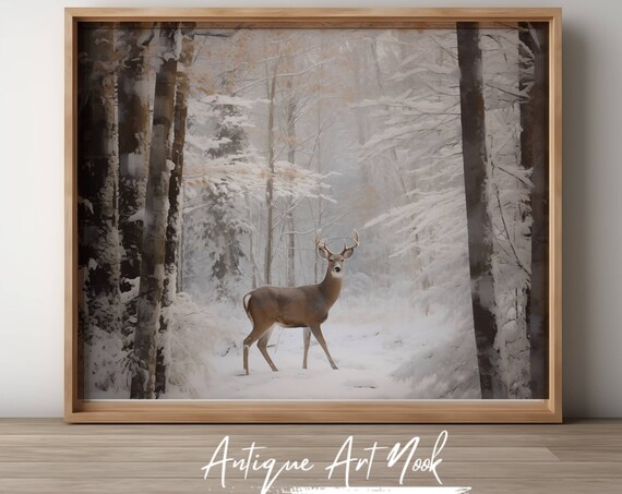 Deer In Woods, Winter Forest Landscape Art