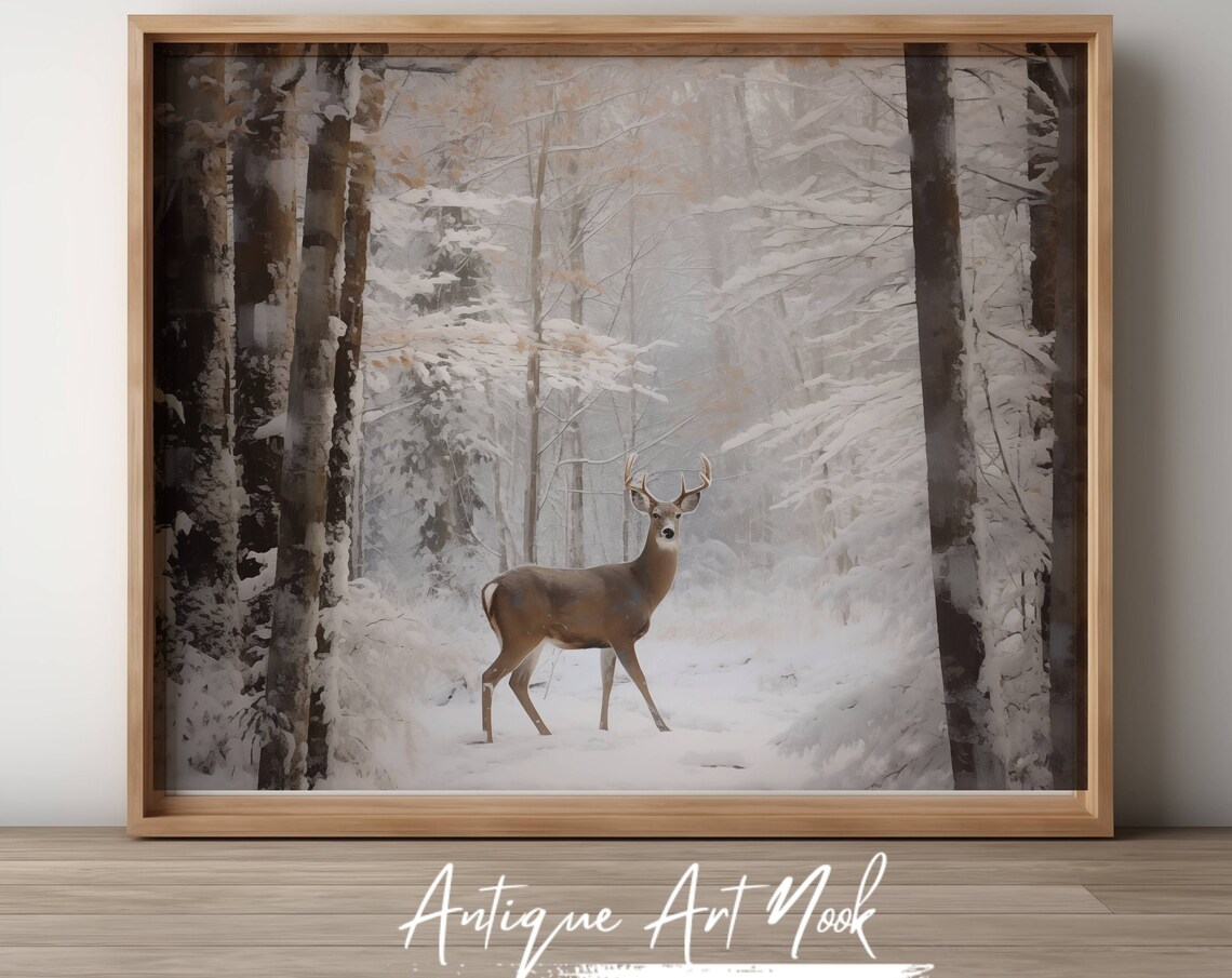 Deer In Woods, Winter Forest Landscape Art