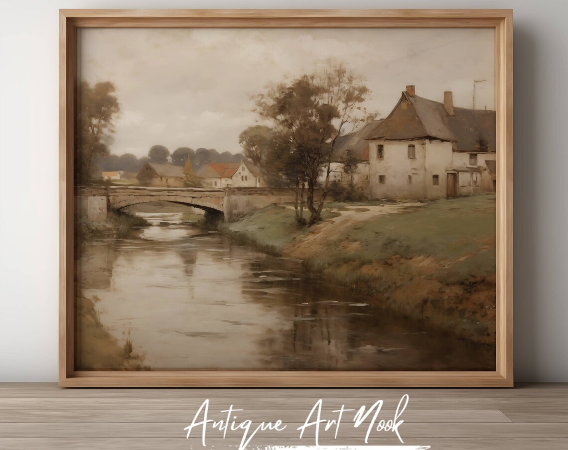 Countryside River Landscape, Antique Vintage Style
