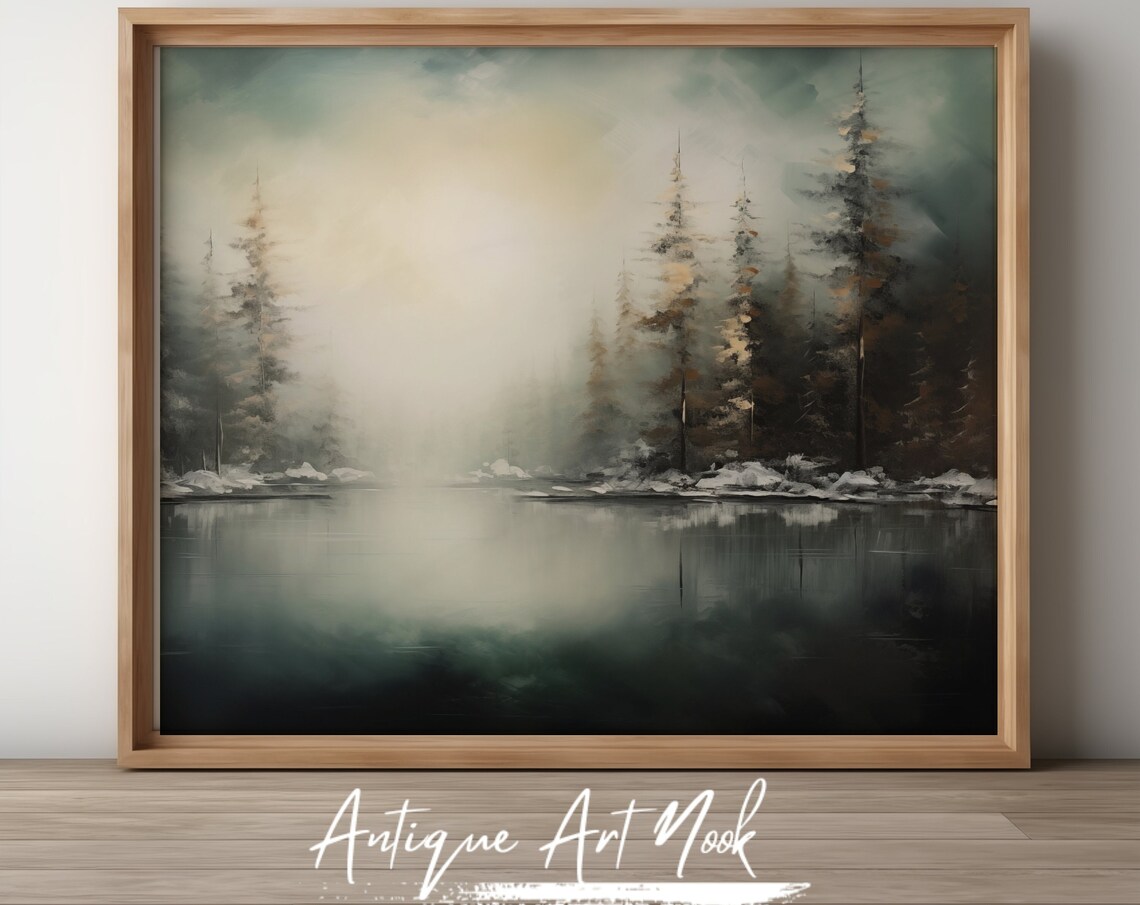 Snowy Pine Trees Landscape, Vintage Forest Art Print