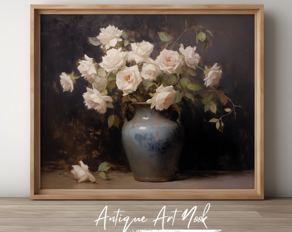 White Roses In Blue Vase Oil Painting Antique Flowers Print Vintage Still Life Painting Antique Wall Art