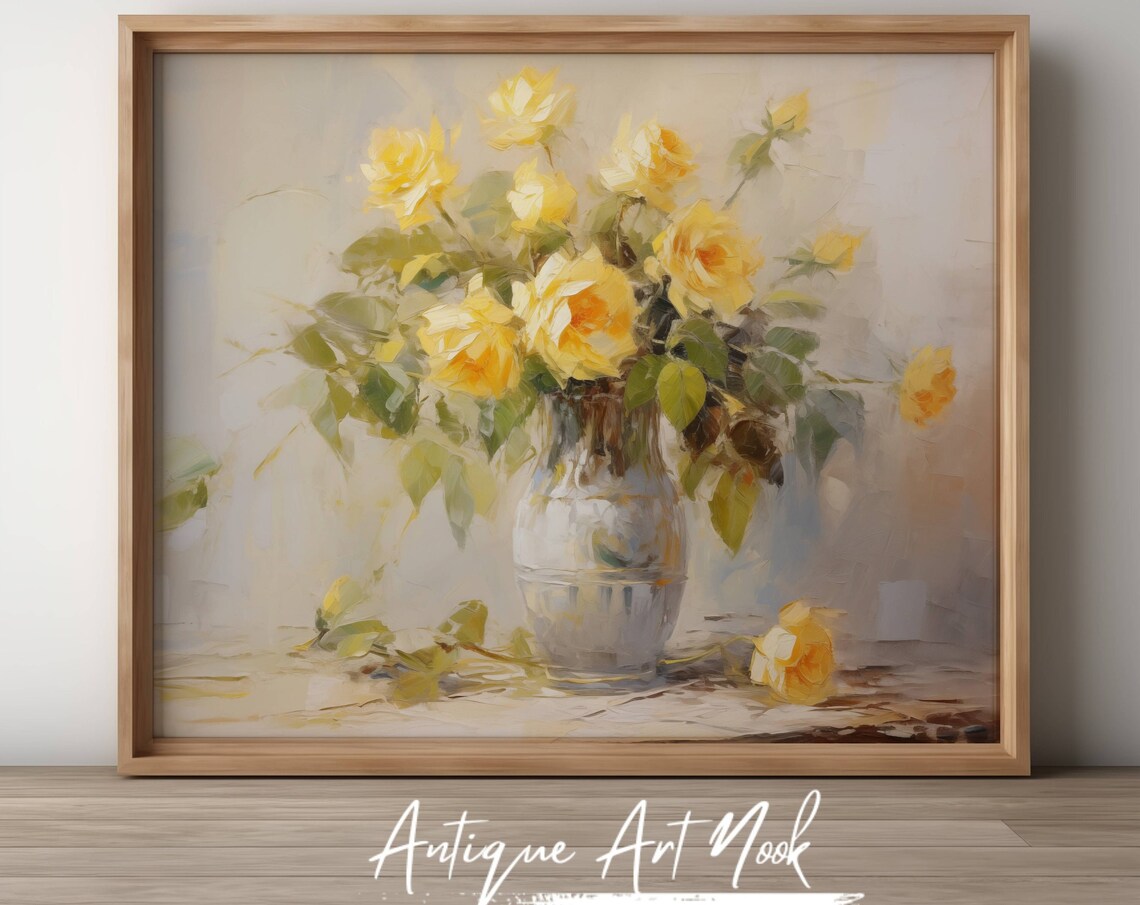 Yellow Roses in Vase, Vintage Still Life Art Print