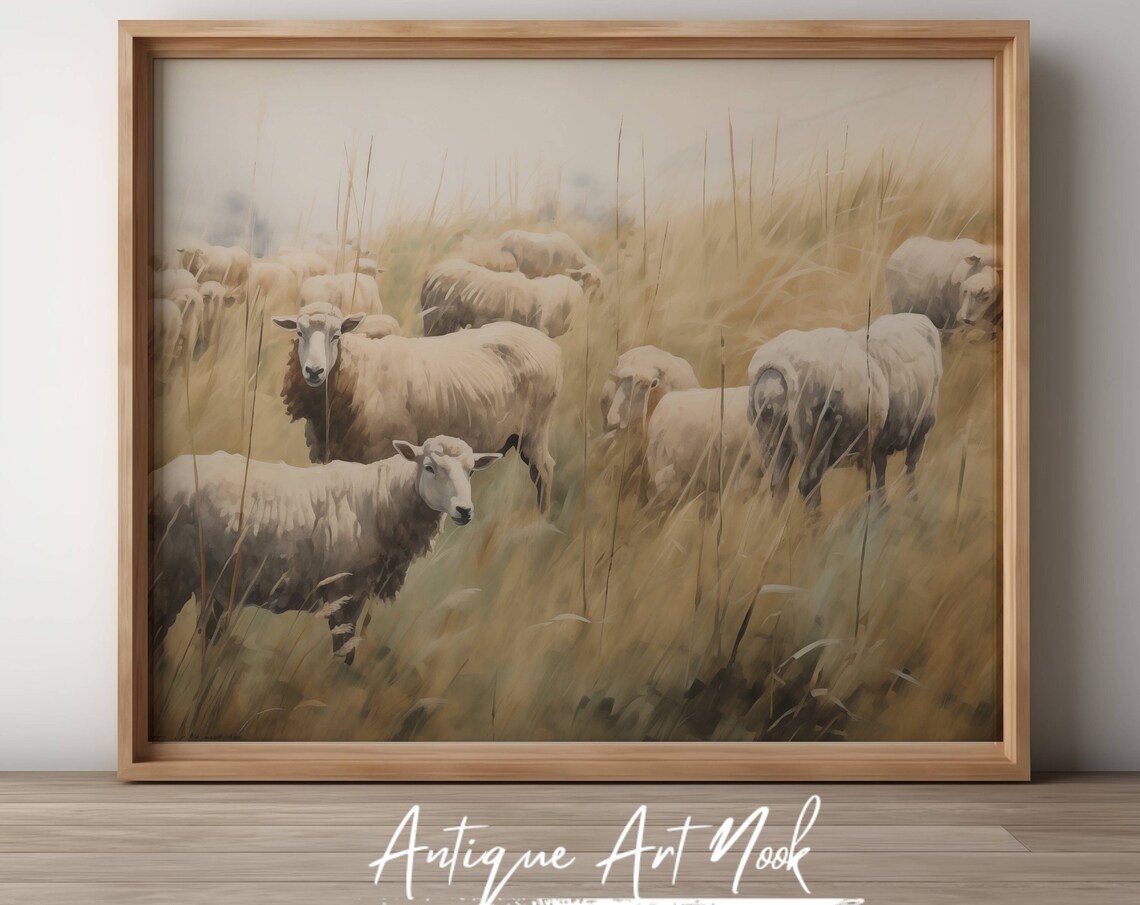 Vintage Sheep Flock Oil Painting, Farmhouse Decor