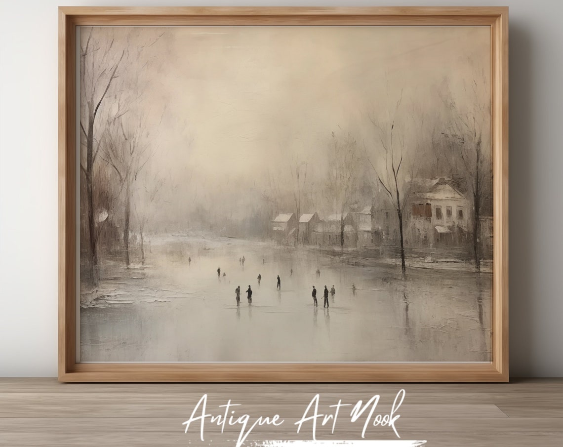 Skating Winter Print Vintage Oil Painting Antique Wall Art Painting Of People Skating Vintage Style Decor