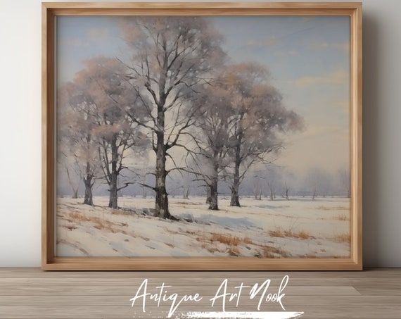 Trees In Winter Print Vintage Landscape Antique Wall Art Barren Trees Oil Painting Vintage Style Decor