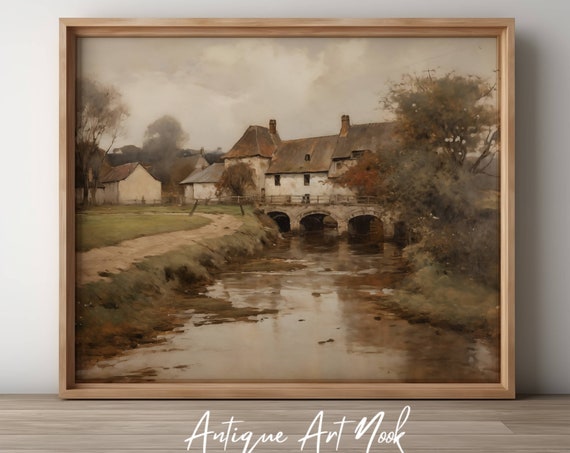Countryside Print River Landscape Antique Wall Art Cottage Oil Painting Vintage Style Decor Moody Artwork
