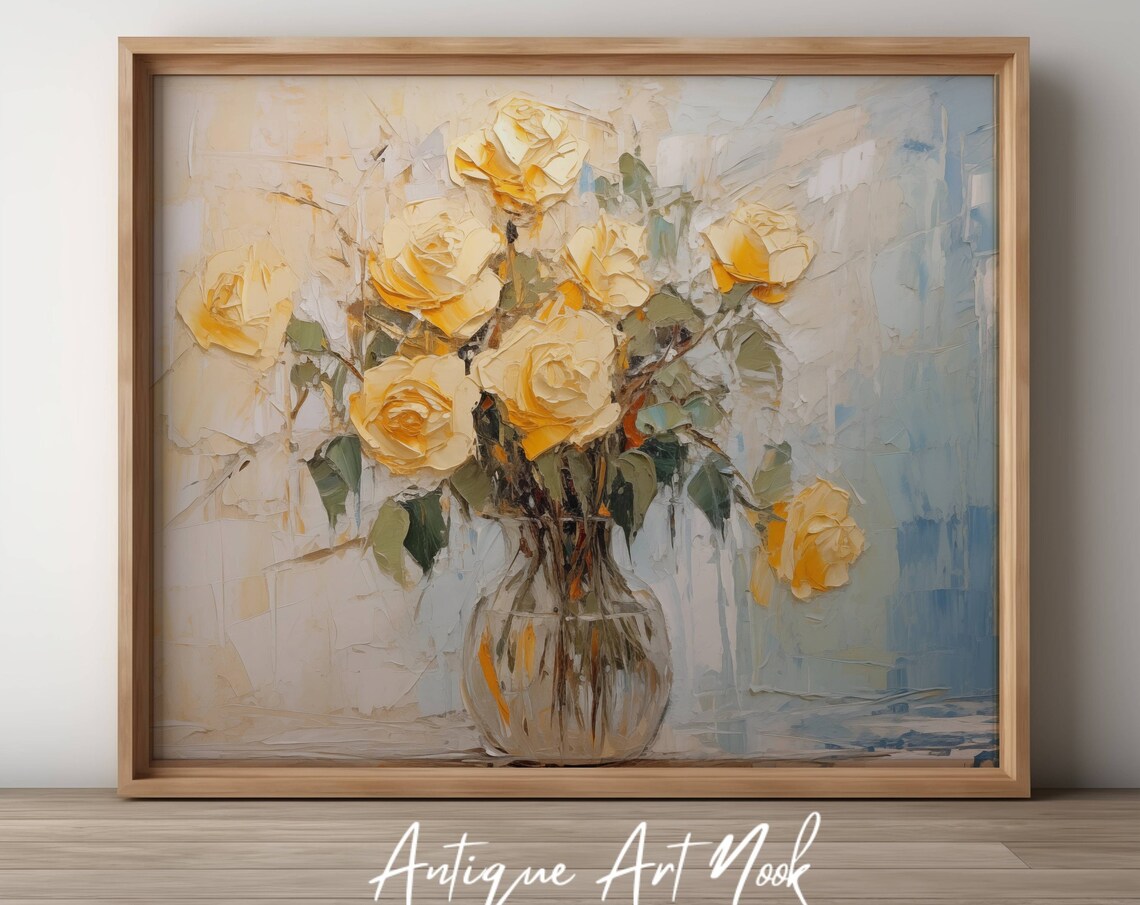 Yellow Roses In Vase, Vintage Still Life Print