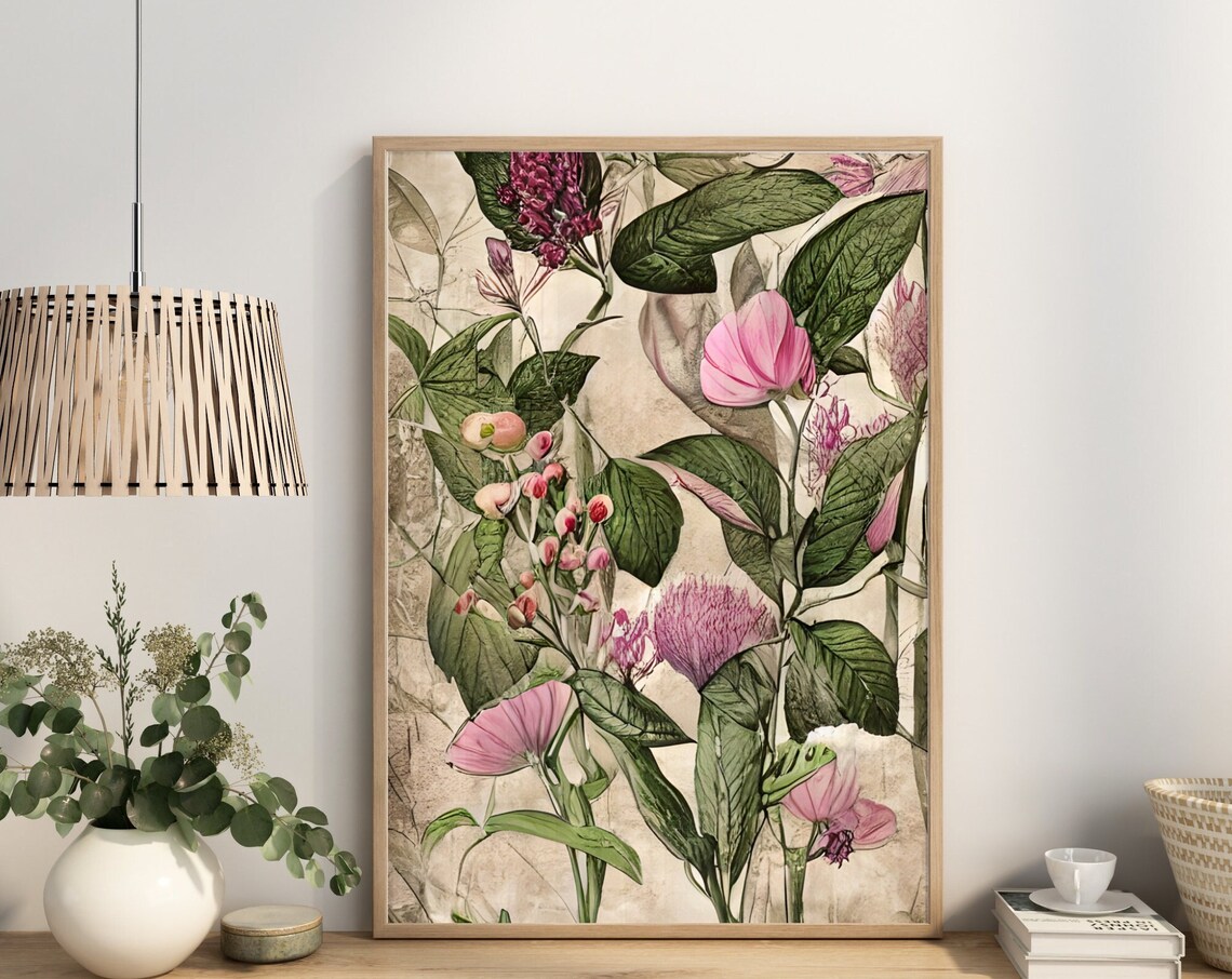 Vintage Botanical Pink Blossom Green Leaves Nature Art Poster - Image 2