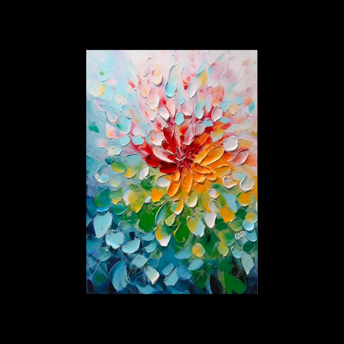 Rainbow Petal Flower With Red Center Palette Knife Art Poster - Image 3