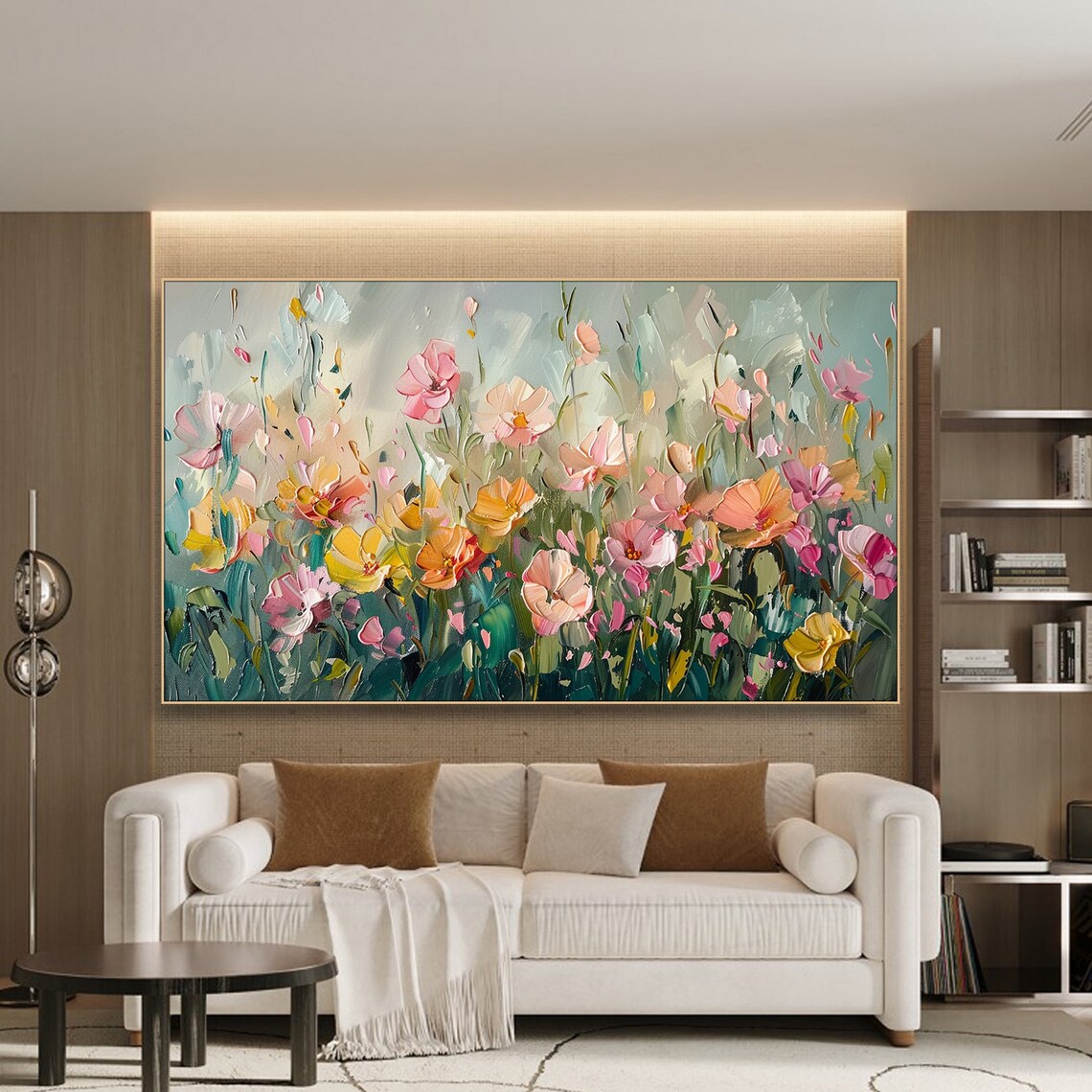 Dreamy Spring Blossom Meadow Oil Painting Pink Yellow Flowers Soft Light Poster - Image 3