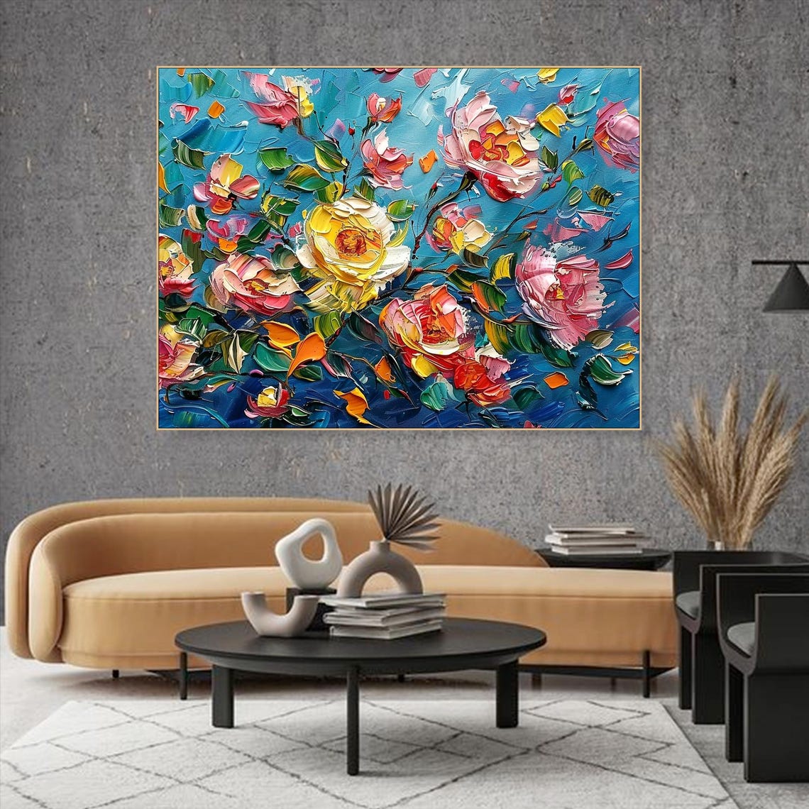 Colorful Impasto Roses In Pink Yellow On Turquoise Blue Poster - Image 2