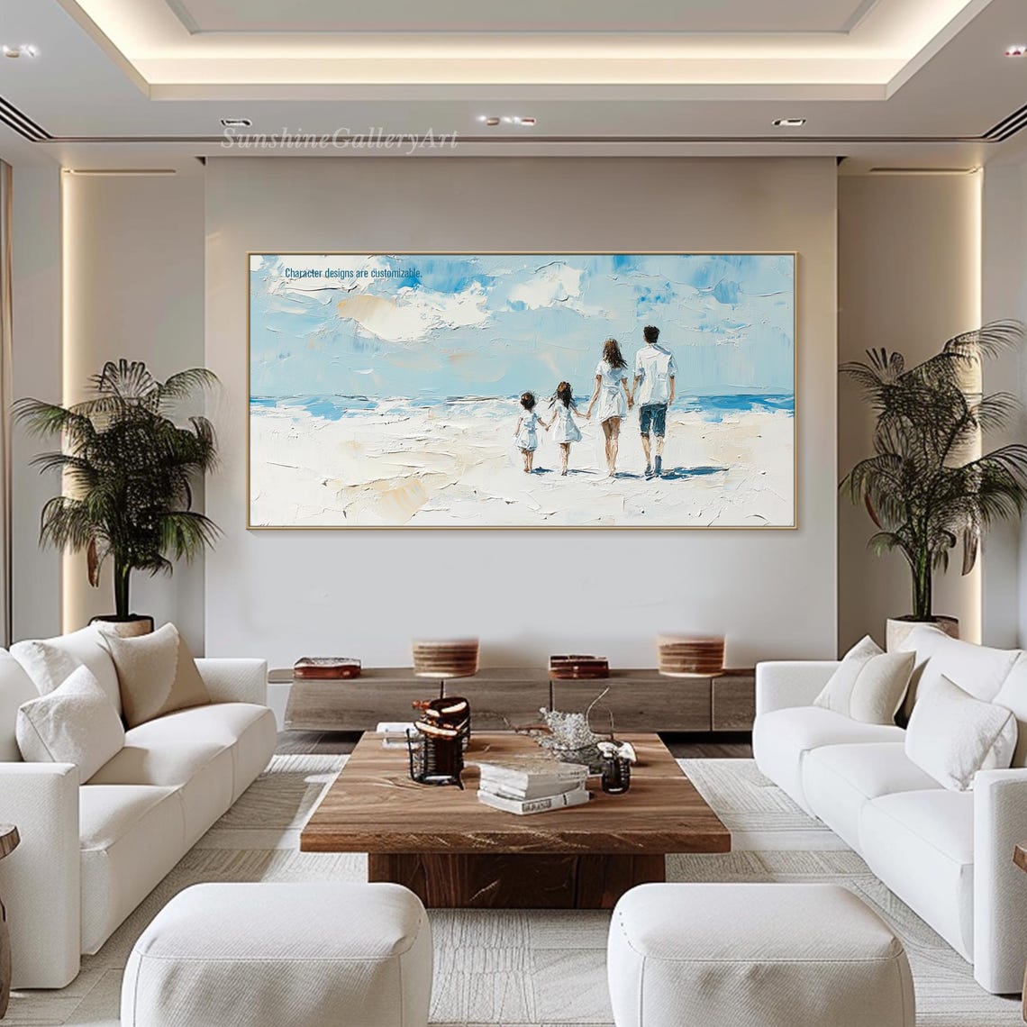 Customizable Family Of Four Walking On Sunny Beach Art Poster - Image 2