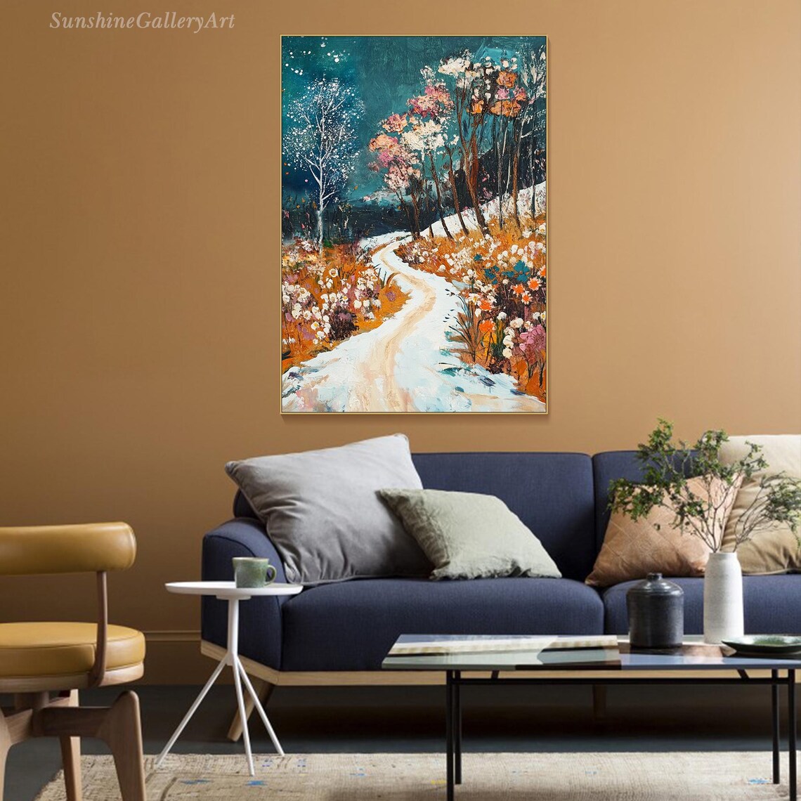 Snowy Forest Path Winter Landscape Oil Painting Teal Night Sky Birch Trees Poster - Image 3