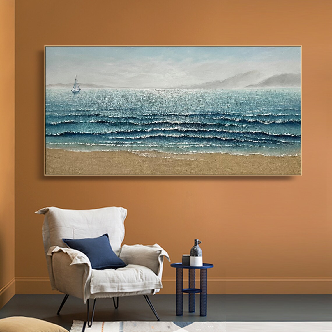 Calm Seascape With Lone Sailboat On Golden Sand Beach Poster - Image 2