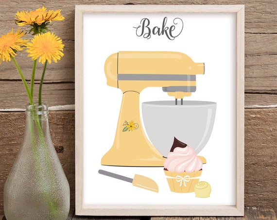 Bake Kitchen Art Yellow Mixer Cupcakes Candy 5x7 8x10 11x14 16x20 Baking Print Kitchen Wall Art Home Decor Diy Kitchen Sign