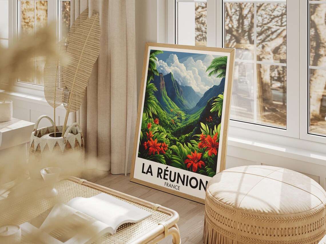 Reunion Island Travel Poster Cirque De Mafate Wall Art Ile De La Runion Print France Island Nature Decor Flowers Tree Painting - Image 4