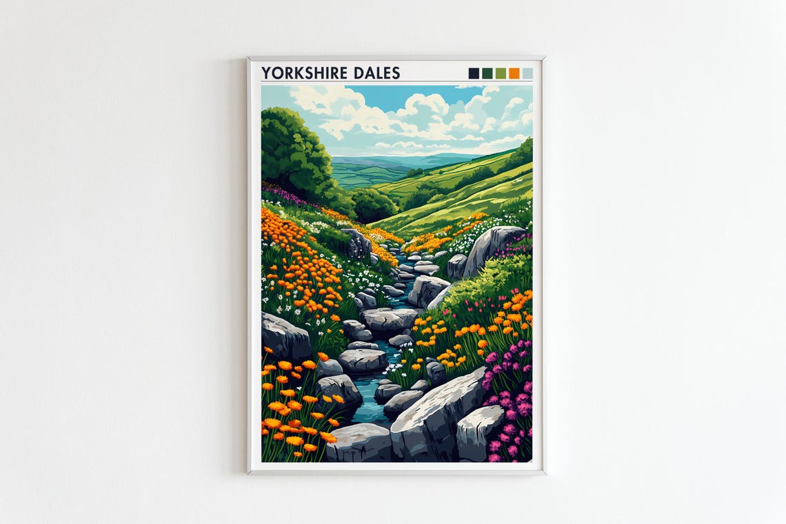 Yorkshire Dales Travel Poster Spring Wildflower Hills Retro England - Image 5
