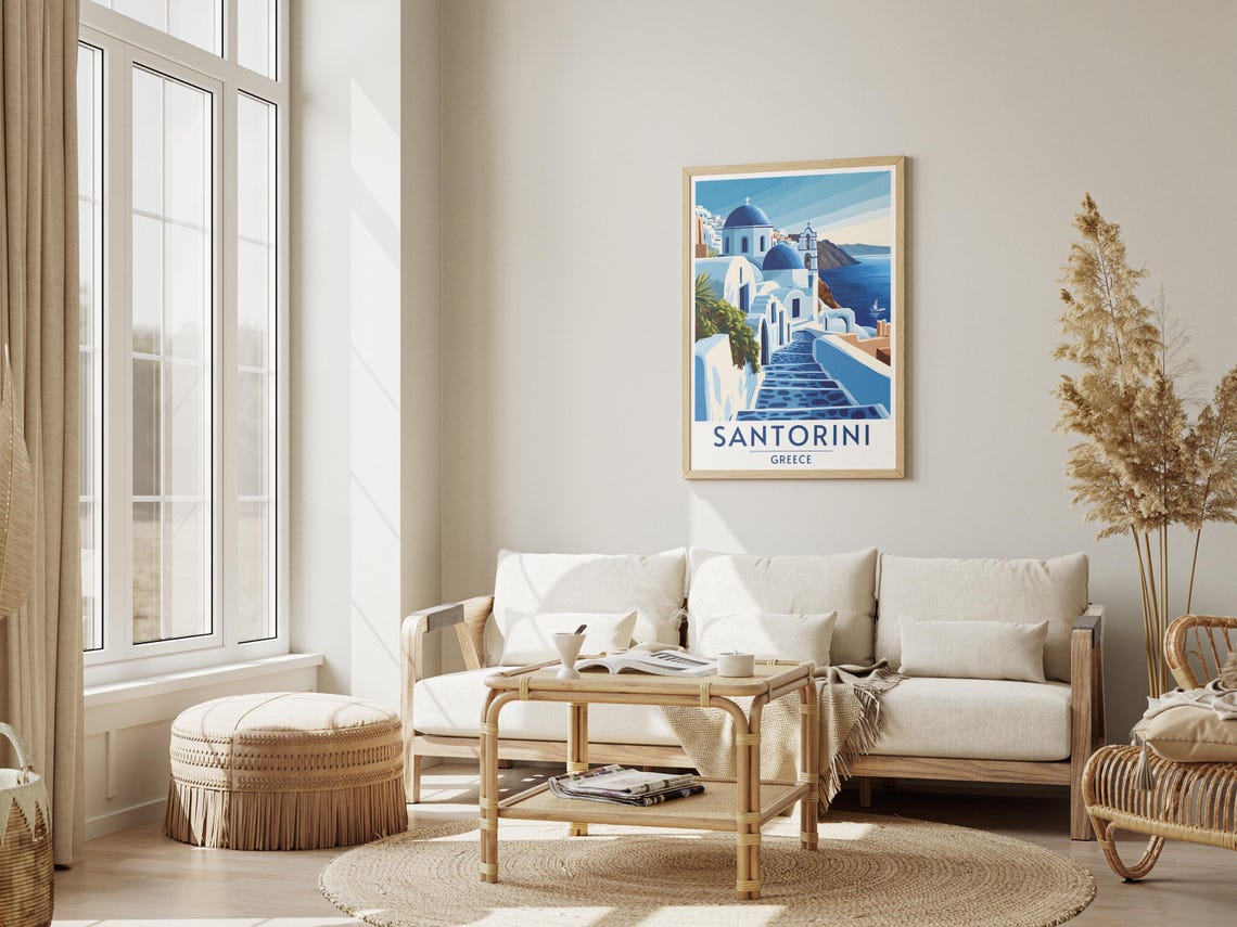 Santorini Greece Travel Poster Blue Domes Whitewashed Steps Retro - Image 3