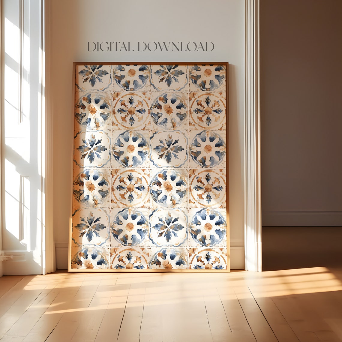 Mediterranean Tile Pattern Blue Brown Watercolor Kitchen Wall Art