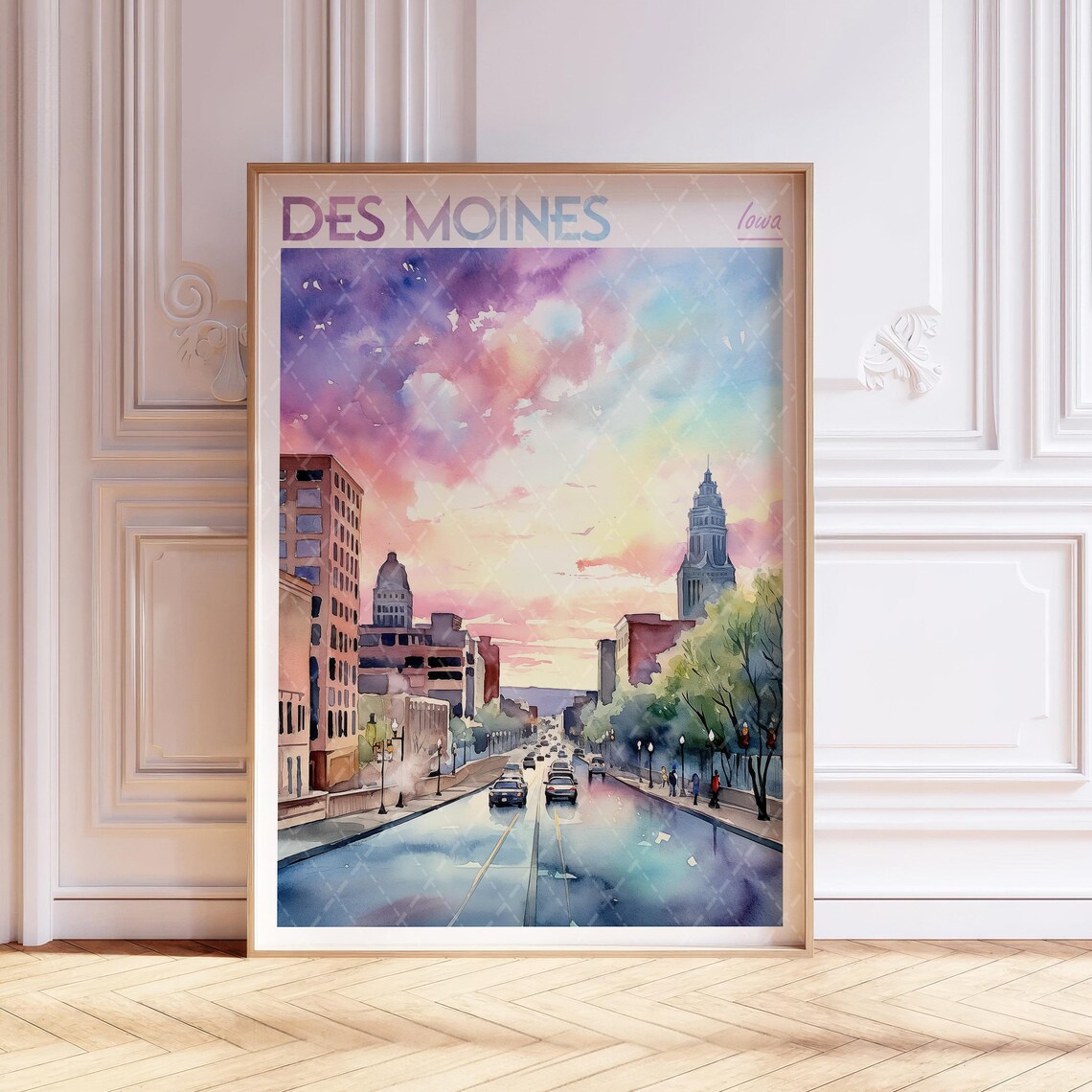 Des Moines Iowa Sunset Watercolor Downtown Street Travel Poster