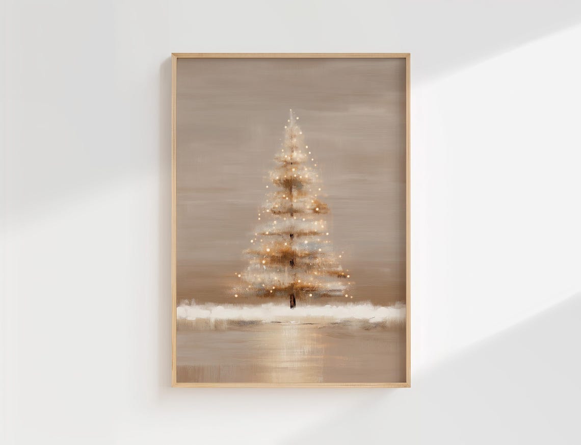Beige Christmas Tree Print Minimalist Holiday Wall Art