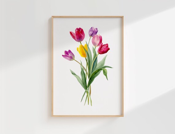 Colorful Watercolor Tulips Botanical Illustration Spring Flower Poster