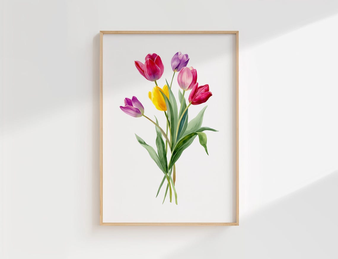 Colorful Watercolor Tulips Botanical Illustration Spring Flower Poster